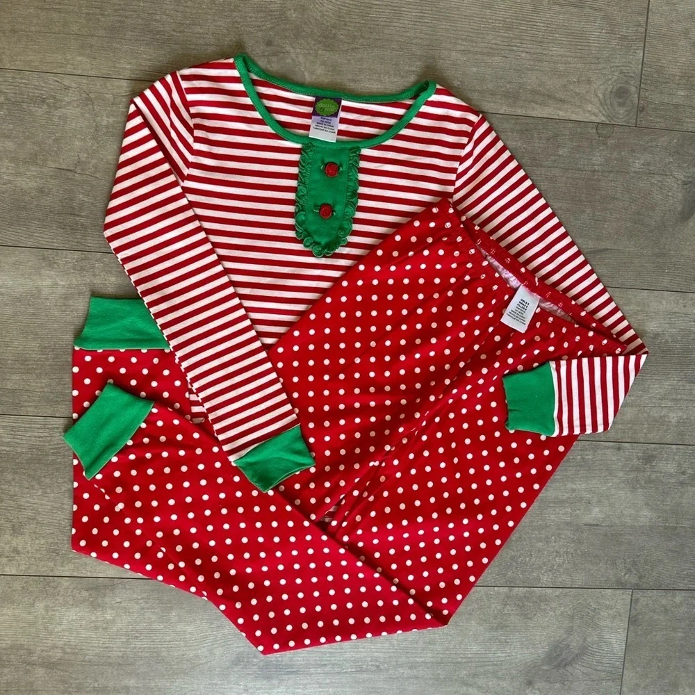 New Dollie & Me Girls Ultra Soft Polka Dot Stripes Red White Green Pajama Set